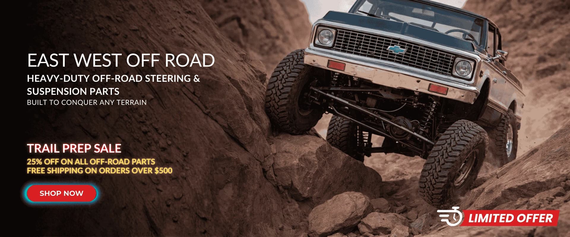 East West Off Road - 25% Off Heavy-Duty Parts Vintage Chevy truck navigating rocky terrain with East West Off Road heavy-duty steering and suspension parts during Trail Prep Sale.