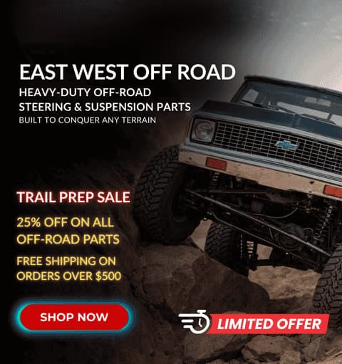 East West Off Road - 25% Off Heavy-Duty Parts Vintage Chevy truck navigating rocky terrain with East West Off Road heavy-duty steering and suspension parts during Trail Prep Sale.